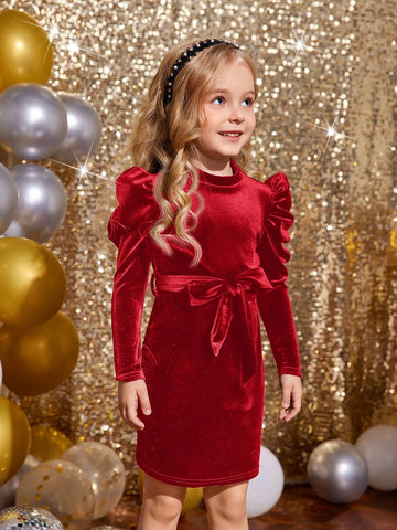 Young Girls' Solid Color Stand Collar Gigot Sleeve Form-Fitting Velvet Knit Dress With Bow Belt ,For Birthday Party, Vacation, Great For Casual & Daily Wear & School Daily Young Girls' Solid Color Stand Collar Gigot Sleeve Form-Fitting Velvet Knit Dress With Bow Belt ,For Birthday Party, Vacation, Great For Casual & Daily Wear & School Daily