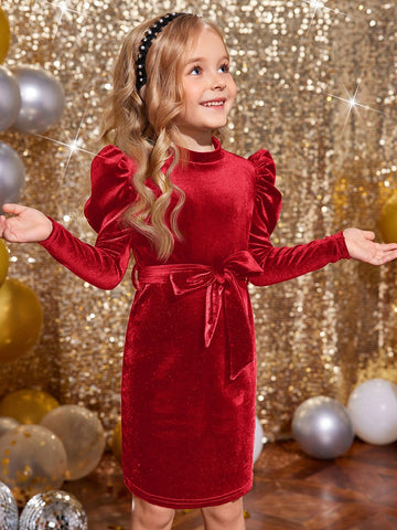 Young Girls' Solid Color Stand Collar Gigot Sleeve Form-Fitting Velvet Knit Dress With Bow Belt ,For Birthday Party, Vacation, Great For Casual & Daily Wear & School Daily Young Girls' Solid Color Stand Collar Gigot Sleeve Form-Fitting Velvet Knit Dress With Bow Belt ,For Birthday Party, Vacation, Great For Casual & Daily Wear & School Daily