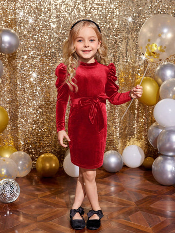 Young Girls' Solid Color Stand Collar Gigot Sleeve Form-Fitting Velvet Knit Dress With Bow Belt ,For Birthday Party, Vacation, Great For Casual & Daily Wear & School Daily Young Girls' Solid Color Stand Collar Gigot Sleeve Form-Fitting Velvet Knit Dress With Bow Belt ,For Birthday Party, Vacation, Great For Casual & Daily Wear & School Daily