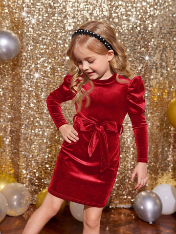 Young Girls' Solid Color Stand Collar Gigot Sleeve Form-Fitting Velvet Knit Dress With Bow Belt ,For Birthday Party, Vacation, Great For Casual & Daily Wear & School Daily Young Girls' Solid Color Stand Collar Gigot Sleeve Form-Fitting Velvet Knit Dress With Bow Belt ,For Birthday Party, Vacation, Great For Casual & Daily Wear & School Daily