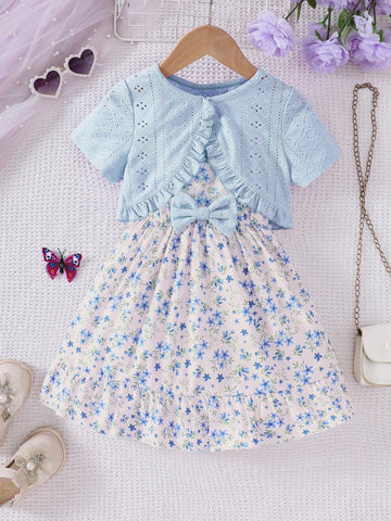 Young Girls Spring/Summer Knitted Hollow Out Cropped Top & Floral Print Sleeveless Dress Young Girls Spring/Summer Knitted Hollow Out Cropped Top & Floral Print Sleeveless Dress