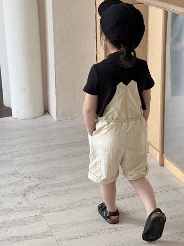 Young Girls Summer Casual Overall Shorts With Letter Print And Waist Drawstring Young Girls Summer Casual Overall Shorts With Letter Print And Waist Drawstring