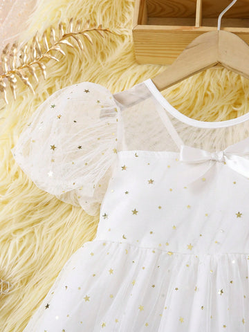 Young Girls' Summer Fashion Sequin Tulle Dress With Bowknot Decoration, Zipper Front, Round Neck, Simple Lantern Sleeve Dress Young Girls' Summer Fashion Sequin Tulle Dress With Bowknot Decoration, Zipper Front, Round Neck, Simple Lantern Sleeve Dress