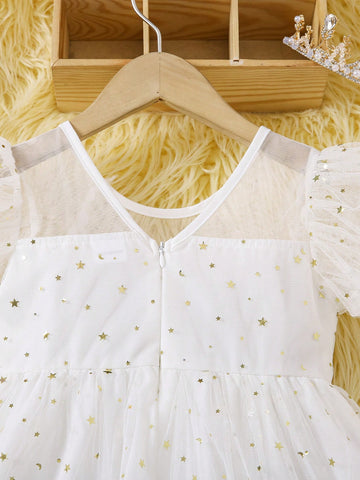 Young Girls' Summer Fashion Sequin Tulle Dress With Bowknot Decoration, Zipper Front, Round Neck, Simple Lantern Sleeve Dress Young Girls' Summer Fashion Sequin Tulle Dress With Bowknot Decoration, Zipper Front, Round Neck, Simple Lantern Sleeve Dress