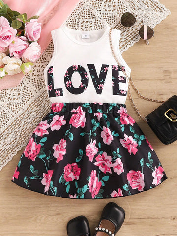 Young Girl's Summer Floral & Letter Printed Short Vest & Skirt Set, Perfect For Outdoor Activities Young Girl's Summer Floral & Letter Printed Short Vest & Skirt Set, Perfect For Outdoor Activities
