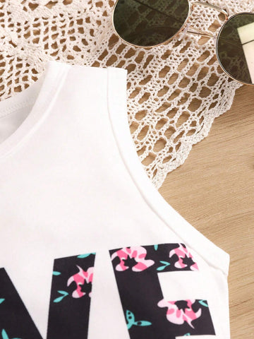 Young Girl's Summer Floral & Letter Printed Short Vest & Skirt Set, Perfect For Outdoor Activities Young Girl's Summer Floral & Letter Printed Short Vest & Skirt Set, Perfect For Outdoor Activities