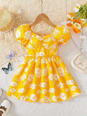 Young Girl's Summer Mini Floral Ruffle Collar Short Puff Sleeve Dress Young Girl's Summer Mini Floral Ruffle Collar Short Puff Sleeve Dress