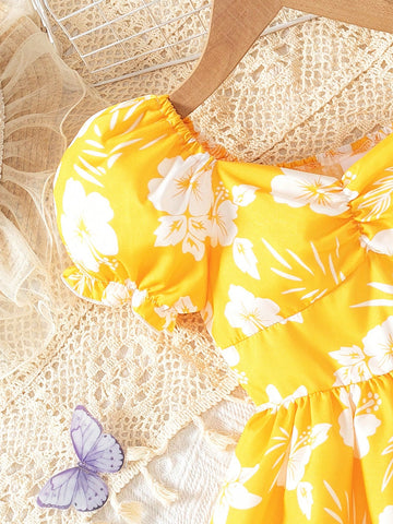 Young Girl's Summer Mini Floral Ruffle Collar Short Puff Sleeve Dress Young Girl's Summer Mini Floral Ruffle Collar Short Puff Sleeve Dress