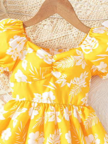 Young Girl's Summer Mini Floral Ruffle Collar Short Puff Sleeve Dress Young Girl's Summer Mini Floral Ruffle Collar Short Puff Sleeve Dress