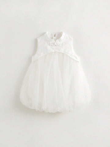 Young Girls' Summer Sleeveless Cheongsam Collar Mesh & Bud Patchwork Dress Young Girls' Summer Sleeveless Cheongsam Collar Mesh & Bud Patchwork Dress