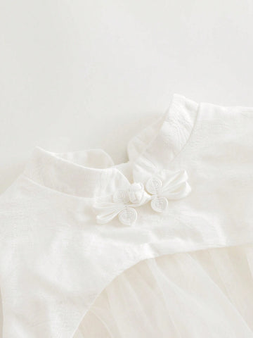 Young Girls' Summer Sleeveless Cheongsam Collar Mesh & Bud Patchwork Dress Young Girls' Summer Sleeveless Cheongsam Collar Mesh & Bud Patchwork Dress