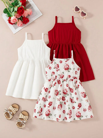 Young Girls Suspenders Fashion Flower Print Solid Color Button Casual Dress Young Girls Suspenders Fashion Flower Print Solid Color Button Casual Dress