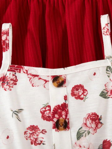 Young Girls Suspenders Fashion Flower Print Solid Color Button Casual Dress Young Girls Suspenders Fashion Flower Print Solid Color Button Casual Dress