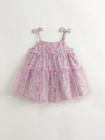Young Girls' Sweet And Floral Allover Print Mesh Tutu Dress With Bowknot Strap, Summer Young Girls' Sweet And Floral Allover Print Mesh Tutu Dress With Bowknot Strap, Summer