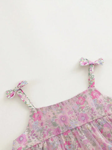 Young Girls' Sweet And Floral Allover Print Mesh Tutu Dress With Bowknot Strap, Summer Young Girls' Sweet And Floral Allover Print Mesh Tutu Dress With Bowknot Strap, Summer