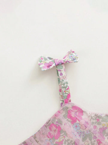 Young Girls' Sweet And Floral Allover Print Mesh Tutu Dress With Bowknot Strap, Summer Young Girls' Sweet And Floral Allover Print Mesh Tutu Dress With Bowknot Strap, Summer