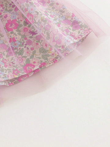 Young Girls' Sweet And Floral Allover Print Mesh Tutu Dress With Bowknot Strap, Summer Young Girls' Sweet And Floral Allover Print Mesh Tutu Dress With Bowknot Strap, Summer