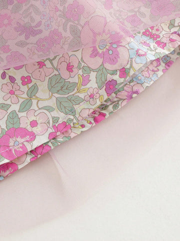 Young Girls' Sweet And Floral Allover Print Mesh Tutu Dress With Bowknot Strap, Summer Young Girls' Sweet And Floral Allover Print Mesh Tutu Dress With Bowknot Strap, Summer