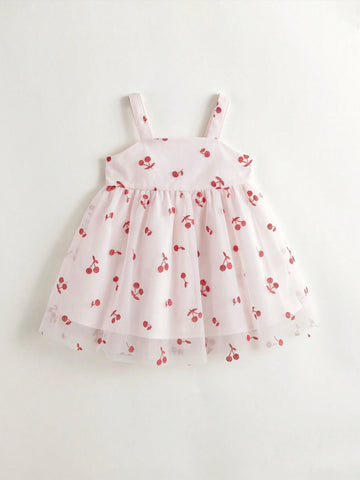 Young Girls Sweet And Lovely Cherry Allover Print Mesh Spaghetti Strap Dress Princess Dress, Summer Young Girls Sweet And Lovely Cherry Allover Print Mesh Spaghetti Strap Dress Princess Dress, Summer