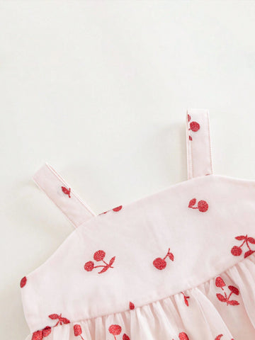 Young Girls Sweet And Lovely Cherry Allover Print Mesh Spaghetti Strap Dress Princess Dress, Summer Young Girls Sweet And Lovely Cherry Allover Print Mesh Spaghetti Strap Dress Princess Dress, Summer