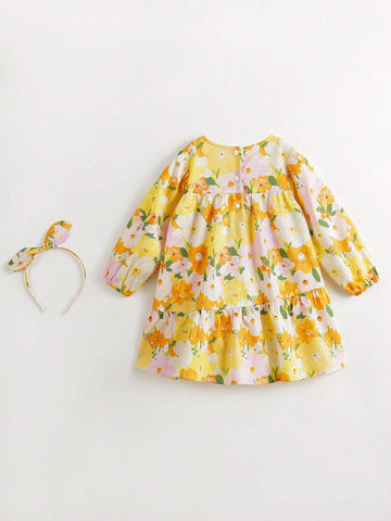 Young Girls' Sweet Floral Printed Round Neck Long Sleeve Dress With Hairband Gift, Spring/Summer Young Girls' Sweet Floral Printed Round Neck Long Sleeve Dress With Hairband Gift, Spring/Summer