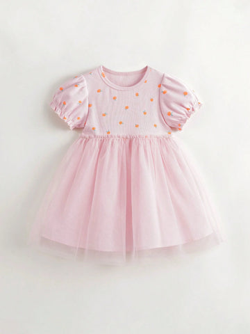 Young Girls' Sweet Fruit Print Mesh Splice Bubble Sleeve Round Neck Dress For Summer Young Girls' Sweet Fruit Print Mesh Splice Bubble Sleeve Round Neck Dress For Summer