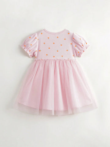 Young Girls' Sweet Fruit Print Mesh Splice Bubble Sleeve Round Neck Dress For Summer Young Girls' Sweet Fruit Print Mesh Splice Bubble Sleeve Round Neck Dress For Summer