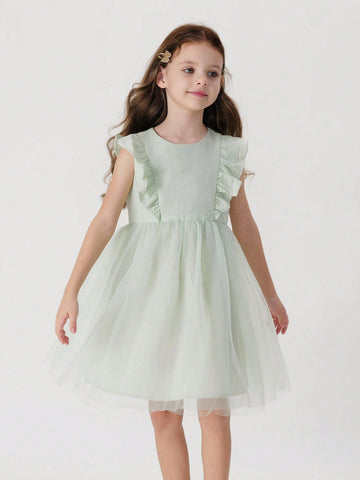 Young Girls' Sweet Lace & Mesh Patchwork Cap Sleeve Round Neck Dress, Summer Young Girls' Sweet Lace & Mesh Patchwork Cap Sleeve Round Neck Dress, Summer