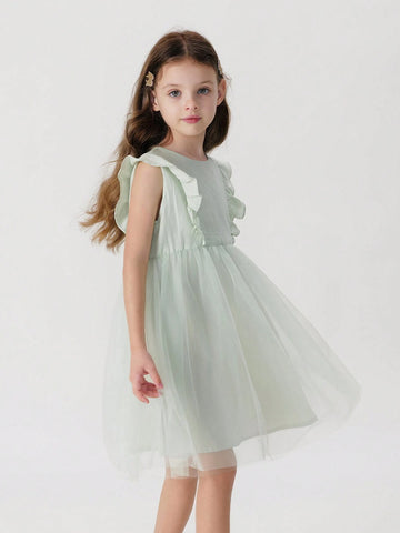 Young Girls' Sweet Lace & Mesh Patchwork Cap Sleeve Round Neck Dress, Summer Young Girls' Sweet Lace & Mesh Patchwork Cap Sleeve Round Neck Dress, Summer