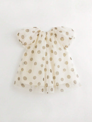Young Girls' Sweet Polka Dot Mesh Puff Sleeve Short Sleeve Round Neck Dress, Summer Young Girls' Sweet Polka Dot Mesh Puff Sleeve Short Sleeve Round Neck Dress, Summer