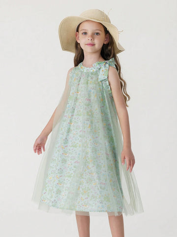 Young Girls' Sweet Style Ditsy Floral Mesh Spaghetti Strap A-Line Dress With Bowknot, Summer Young Girls' Sweet Style Ditsy Floral Mesh Spaghetti Strap A-Line Dress With Bowknot, Summer