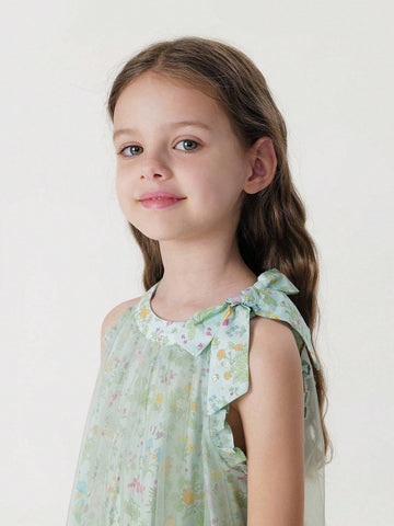 Young Girls' Sweet Style Ditsy Floral Mesh Spaghetti Strap A-Line Dress With Bowknot, Summer Young Girls' Sweet Style Ditsy Floral Mesh Spaghetti Strap A-Line Dress With Bowknot, Summer