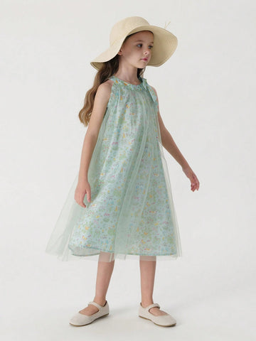 Young Girls' Sweet Style Ditsy Floral Mesh Spaghetti Strap A-Line Dress With Bowknot, Summer Young Girls' Sweet Style Ditsy Floral Mesh Spaghetti Strap A-Line Dress With Bowknot, Summer
