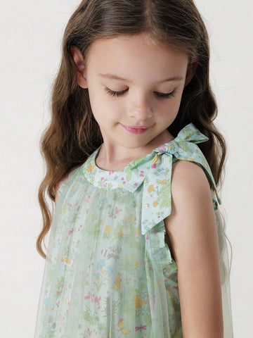 Young Girls' Sweet Style Ditsy Floral Mesh Spaghetti Strap A-Line Dress With Bowknot, Summer Young Girls' Sweet Style Ditsy Floral Mesh Spaghetti Strap A-Line Dress With Bowknot, Summer