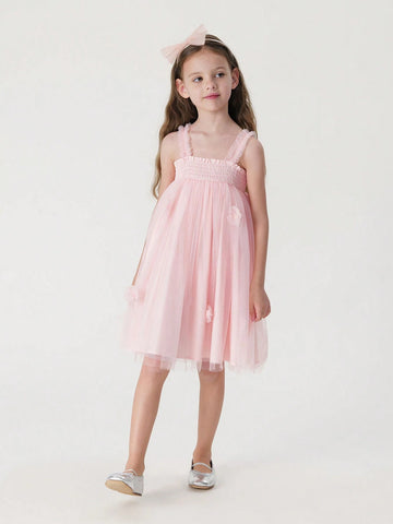 Young Girls' Sweet & 3D Flower Mesh Strap Princess Dress, Summer Young Girls' Sweet & 3D Flower Mesh Strap Princess Dress, Summer