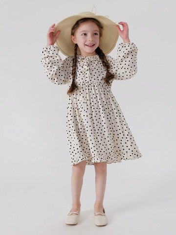 Young Girl's Sweet & Amusing Polka Dot Dress With Bow & Lace Neckline, Long Sleeve, Spring Young Girl's Sweet & Amusing Polka Dot Dress With Bow & Lace Neckline, Long Sleeve, Spring