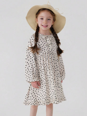 Young Girl's Sweet & Amusing Polka Dot Dress With Bow & Lace Neckline, Long Sleeve, Spring Young Girl's Sweet & Amusing Polka Dot Dress With Bow & Lace Neckline, Long Sleeve, Spring