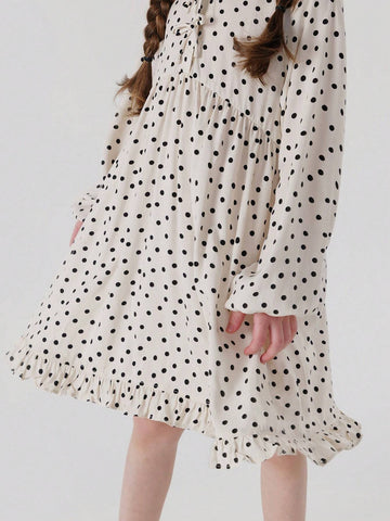 Young Girl's Sweet & Amusing Polka Dot Dress With Bow & Lace Neckline, Long Sleeve, Spring Young Girl's Sweet & Amusing Polka Dot Dress With Bow & Lace Neckline, Long Sleeve, Spring