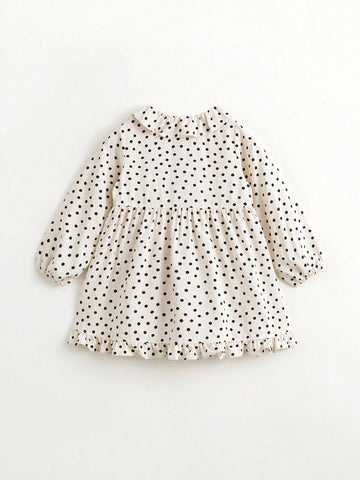 Young Girl's Sweet & Amusing Polka Dot Dress With Bow & Lace Neckline, Long Sleeve, Spring Young Girl's Sweet & Amusing Polka Dot Dress With Bow & Lace Neckline, Long Sleeve, Spring