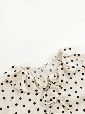 Young Girl's Sweet & Amusing Polka Dot Dress With Bow & Lace Neckline, Long Sleeve, Spring Young Girl's Sweet & Amusing Polka Dot Dress With Bow & Lace Neckline, Long Sleeve, Spring