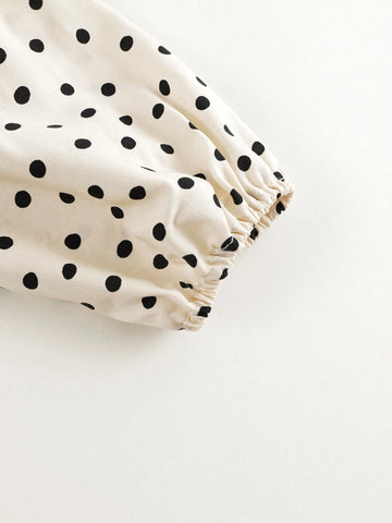 Young Girl's Sweet & Amusing Polka Dot Dress With Bow & Lace Neckline, Long Sleeve, Spring Young Girl's Sweet & Amusing Polka Dot Dress With Bow & Lace Neckline, Long Sleeve, Spring