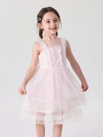 Young Girls Sweet & Lovely Bowknot Sleeveless Mesh Tutu Dress, Summer Young Girls Sweet & Lovely Bowknot Sleeveless Mesh Tutu Dress, Summer