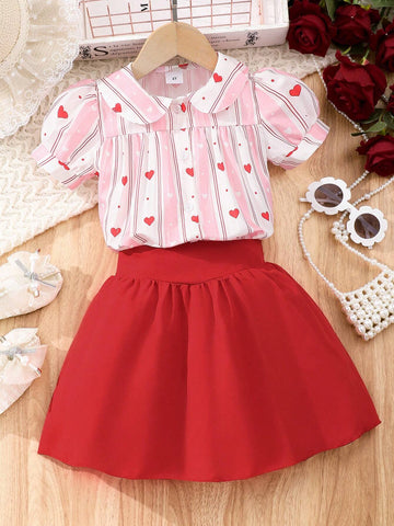 Young Girls' Turn-Down Collar Shirt And Skirt Set, Casual & Lovely Outfit For Spring And Summer Picnics Young Girls' Turn-Down Collar Shirt And Skirt Set, Casual & Lovely Outfit For Spring And Summer Picnics