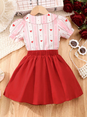 Young Girls' Turn-Down Collar Shirt And Skirt Set, Casual & Lovely Outfit For Spring And Summer Picnics Young Girls' Turn-Down Collar Shirt And Skirt Set, Casual & Lovely Outfit For Spring And Summer Picnics