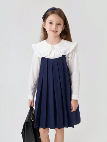 Young Girls' Vintage Style Loose Pleated Suspender Dress, Autumn Young Girls' Vintage Style Loose Pleated Suspender Dress, Autumn