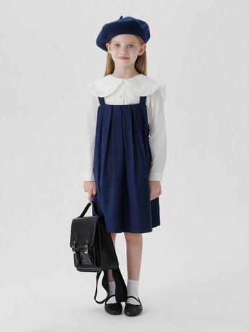 Young Girls' Vintage Style Loose Pleated Suspender Dress, Autumn Young Girls' Vintage Style Loose Pleated Suspender Dress, Autumn