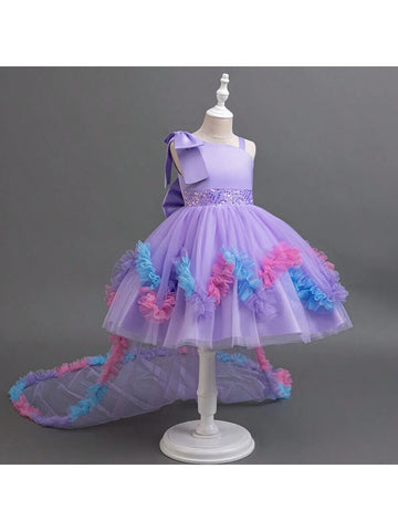 Young Women Elegant Sleeveless Sequined Floral Decorated Princess Dress With Long Tail, Formal Party Gown Young Women Elegant Sleeveless Sequined Floral Decorated Princess Dress With Long Tail, Formal Party Gown