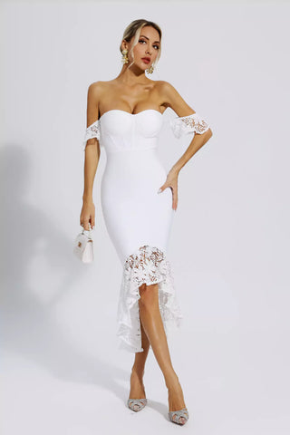 Zariah White Lace Wedding Bandage Midi Dress Zariah White Lace Wedding Bandage Midi Dress