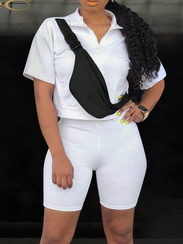 Zipper Half Collar Short Sleeve T-Shirt And Shorts Set Zipper Half Collar Short Sleeve T-Shirt And Shorts Set