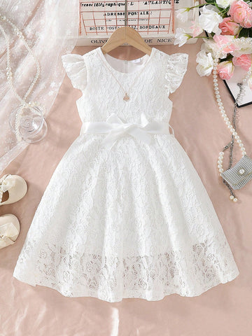 Young Girls Sweet Lace Dress With Ruffle Bell Sleeve, Round Neck, Solid Color, Waist Belt Young Girls Sweet Lace Dress With Ruffle Bell Sleeve, Round Neck, Solid Color, Waist Belt